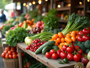 Colorful Spread of Freshly Picked Fruits and Vegetables on a Wooden Market Table, Showcasing Nature's Bounty in a Bright, Inviting Setting
