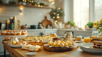 Assortment of treats on wooden table set up for a gathering. Delicious pastries and fresh ingredients are on display.
