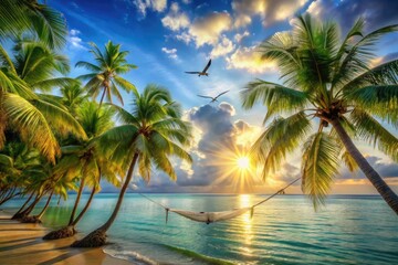 Tropical sky and sea background with blue sea and sky, yellow sun, and green trees. Features swaying coconut trees, a hammock, seagulls, and shimmering sunlight on the water&mdash;perfect for a beach vibe.