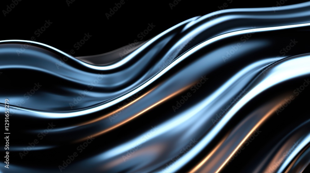 Poster futuristic metallic background with waves and reflections in focus