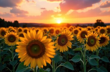 Fototapeta premium Beautiful sunset over sunflowers field