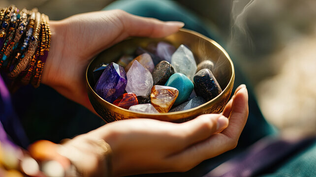 A person gently selects healing crystals from a brass bowl filled with vibrant gemstones