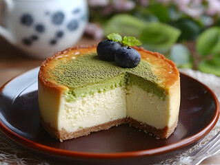 A fluffy Japanese matcha cheesecake with a smooth green tea flavor.