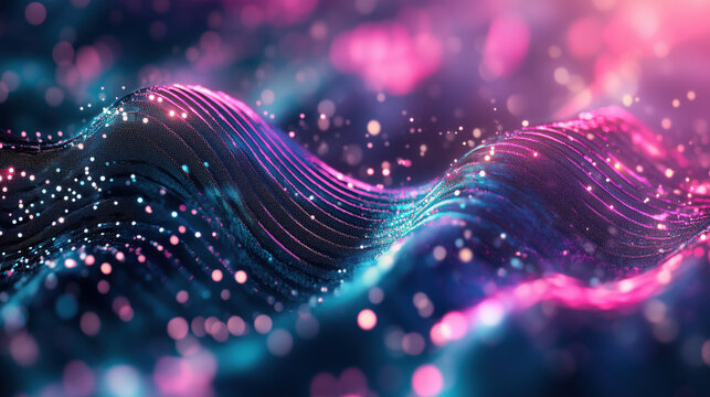 Data waves flowing through a futuristic network, glowing pink and cyan particles forming a mesh grid, glowing, dreamy atmosphere, sci-fi，Digital Abstraction Background - Powered by Adobe