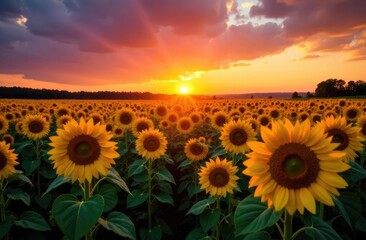 Obraz premium Beautiful sunset over sunflowers field