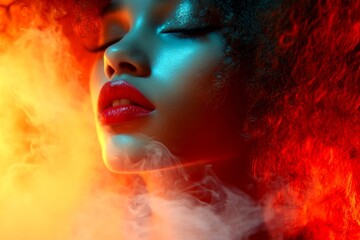 Fototapeta premium Commercial promotion visual idea. Attractive calm mixed-race girl - for ads, street poster and online promotion networks use. Long hairdo - curly hair. Advertising black women. Long hair art.