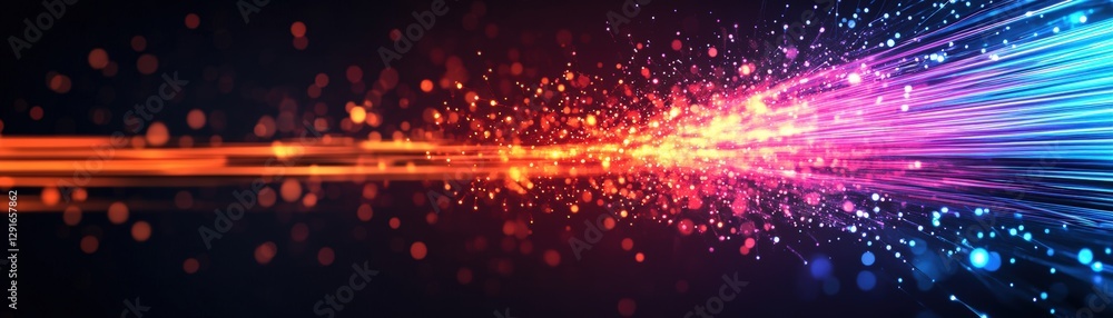 Poster dynamic and colorful light streaks creating a sense of motion and energy against a dark background