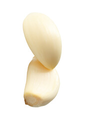 Side view of peeled garlic cloves or pieces in stack isolated with clipping path in png file format