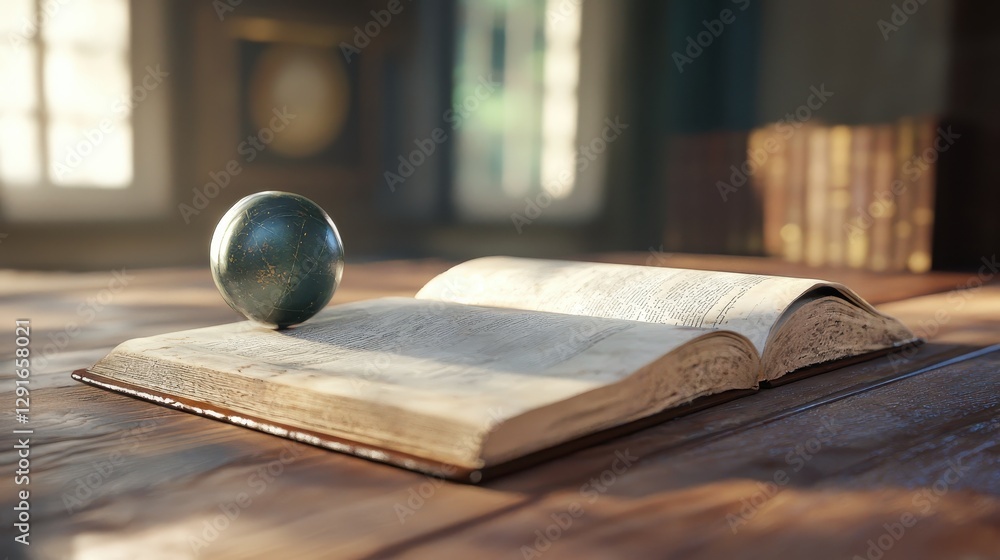 Aufkleber large open encyclopedia on a wooden table with a globe and soft natural light in an indoor setting