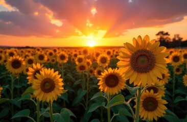 Obraz premium Beautiful sunset over sunflowers field