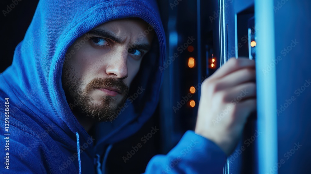 Poster hacker breaking into high security system in dark environment