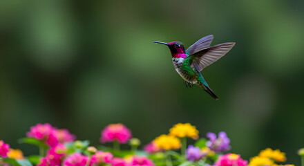 Fototapeta premium Hummingbird Flying Near Colorful Flowers in a Lush Garden Setting