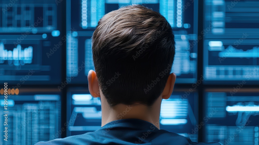 Poster futuristic cyber lab chaos with hacker working on multiple screens