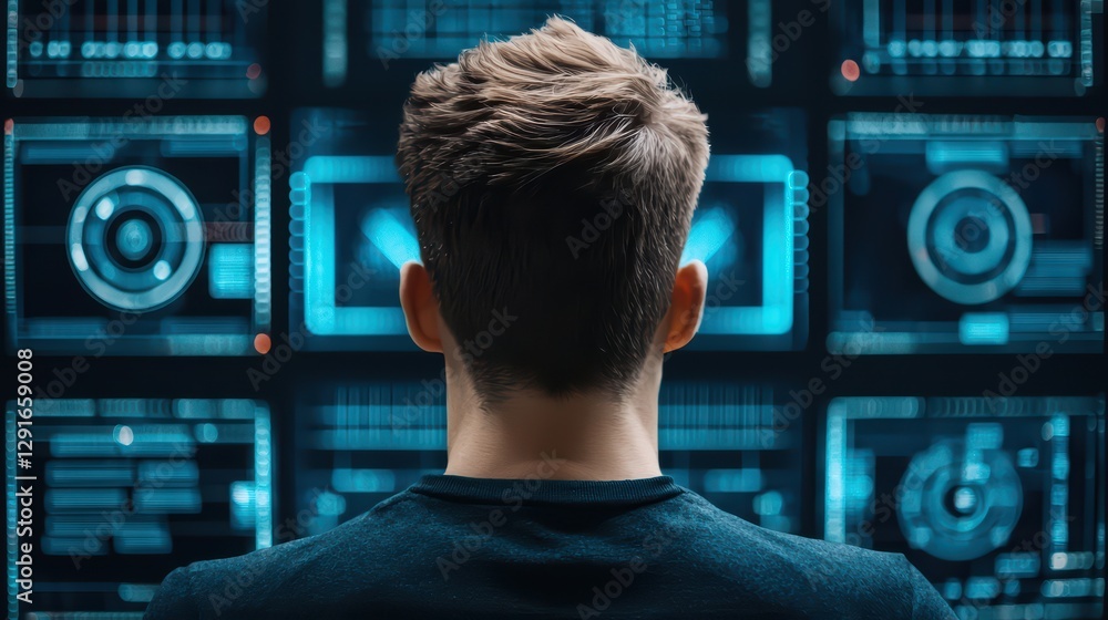 Poster hacker in futuristic cyber lab surrounded by data and chaos