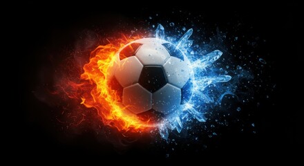 Naklejka premium Fiery and Icy Soccer Ball: A Dramatic Visual