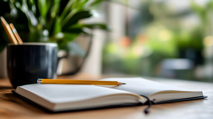 Cozy Workspace: A view of an open notebook and pencil on a desk, cup with pencils near indoor plant with natural light, inviting contemplation and creative flow.