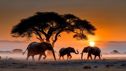 Obraz premium Majestic Elephants Silhouetted Against a Stunning African Sunset with Gentle Mist and Acacia Tree