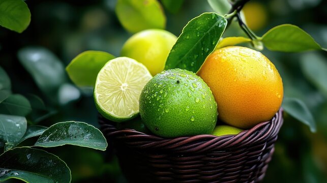 Juicy Green Limes and Yellow Lemons with Water Droplets