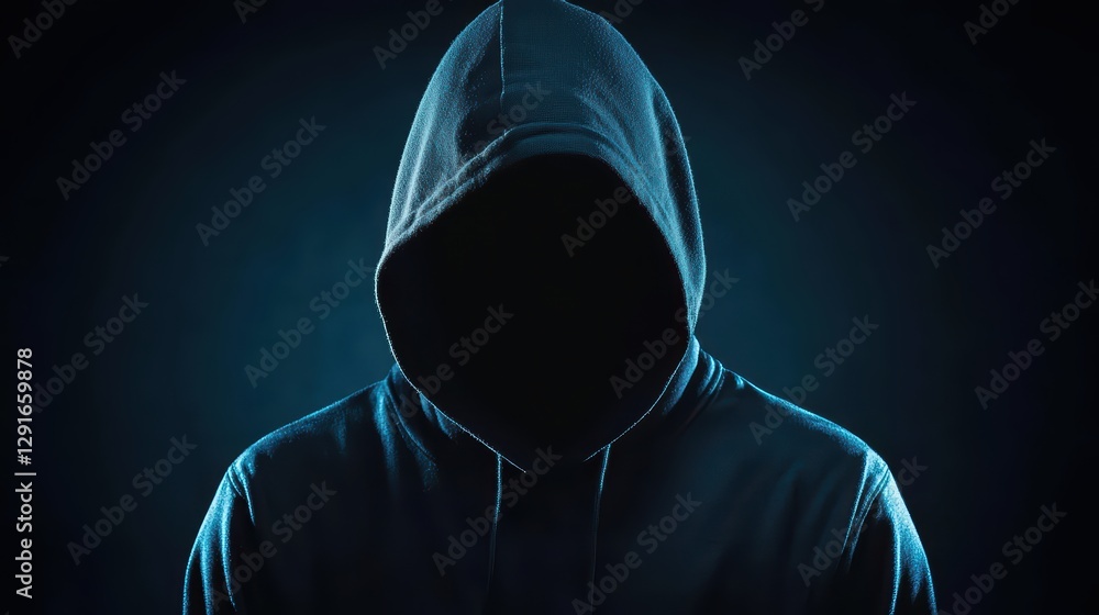 Poster mysterious hooded figure in dark room with digital code elements