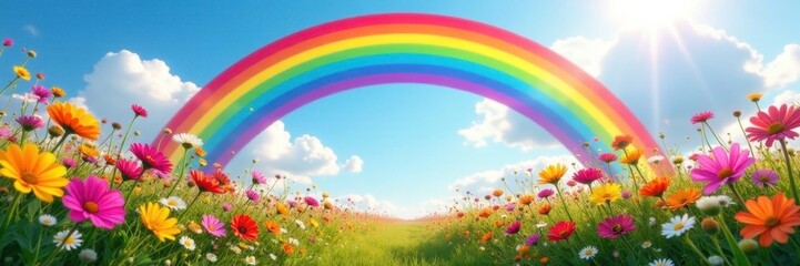 Fototapeta premium Vibrant rainbow arch over blooming wildflowers, green field, fluffy clouds, botanical