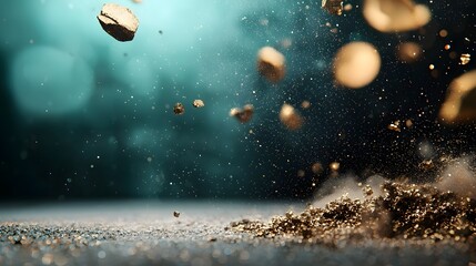 Mesmerizing swirls of subtle glitter dust floating and dancing through the air against a dark moody and luxurious background creating a captivating and enchanting atmosphere