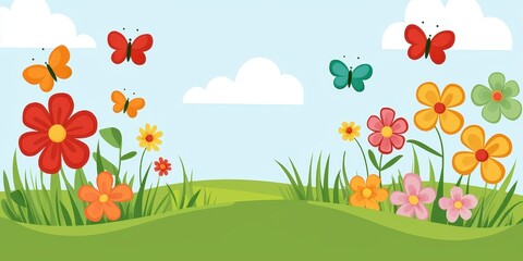 Happy Spring Flowers Background. Vibrant flowers and butterflies in a sunny garden setting.