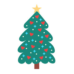 Festive green Christmas tree with ornaments, lights and a golden star,  isolated on white background. Perfect for holiday cards, posters, gift wrapping and seasonal design. Flat, simple, modern