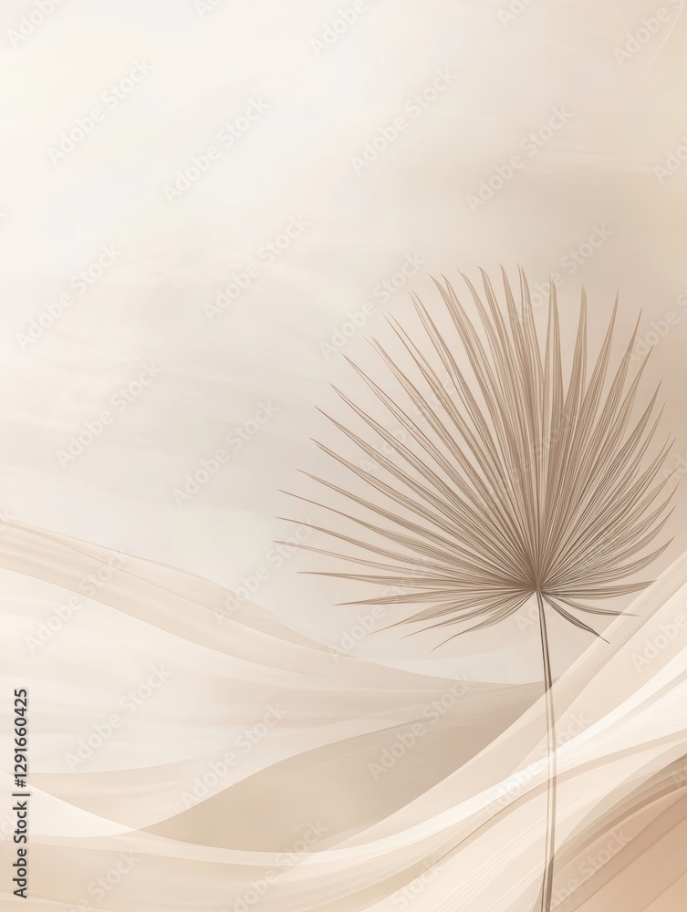 Poster minimalist design featuring a single palm leaf against soft sand-toned background creating a serene 