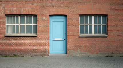 Blue door, brick building, urban setting, exterior