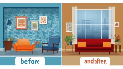 Interior design, before and after, room makeover, modern, city view