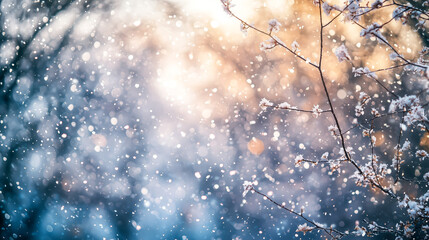 Winter's Embrace: Snowflakes gently fall on delicate tree branches, creating a serene and magical winter scene. 