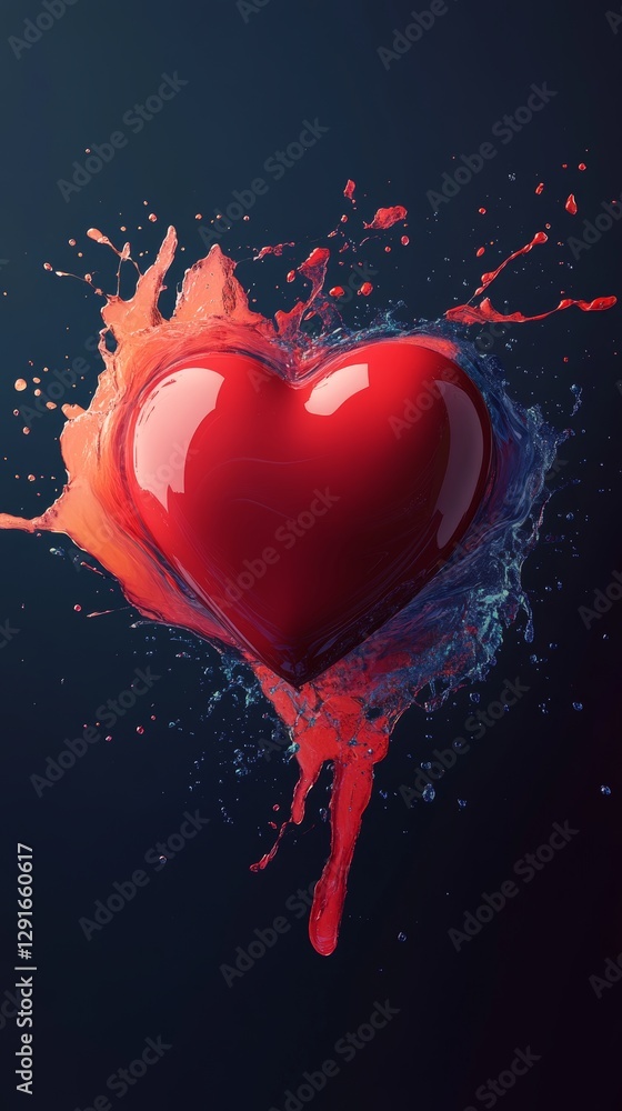 Aufkleber vibrant heart shape splashed with red liquid against a dark background creating a striking visual ef
