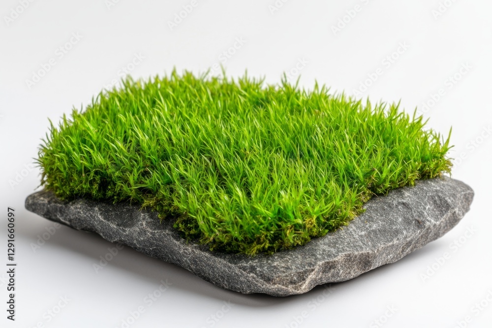 Poster A simple, white background with an isolated piece of green moss on the right side. The grassy texture has multiple shades and is dense at its base but sparse above it. It's arranged in a natural