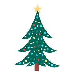 Festive green Christmas tree with ornaments, lights and a golden star,  isolated on white background. Perfect for holiday cards, posters, gift wrapping and seasonal design. Flat, simple, modern