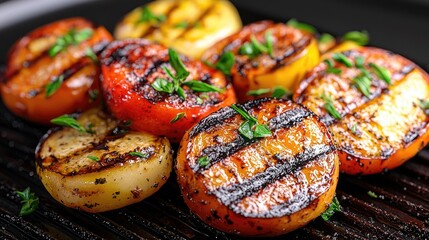 Grilled tomato and pepper slices on a grill
