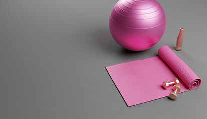 Pink fitness equipment set with yoga mat, exercise ball, dumbbells, and water bottle on gray background, 3D rendered illustration