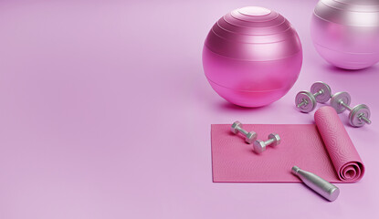 Fitness equipment including yoga mat, dumbbells,  and water bottle on pink background, 3D rendered illustration