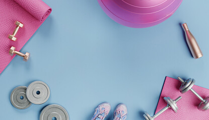 Fitness equipment including yoga mat, dumbbells, weights, water bottle on blue background, 3D rendered illustration