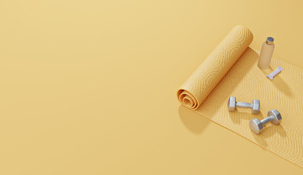 Fitness equipment including yoga mat, dumbbells,  and water bottle on yellow background, 3D rendered illustration