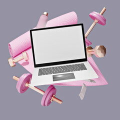 Laptop with pink fitness equipment including yoga mat, dumbbells, barbell, and water bottle on gray background, 3D rendered illustration