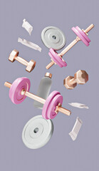 fitness equipment including yoga mat, dumbbells, barbell, and water bottle on gray background, 3D rendered illustration