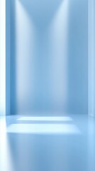 Obraz premium Soft Sunlight Streams Through Large Windows in a Pastel Blue Room, Creating Serene Reflections on the Smooth Floor During Daylight Hours