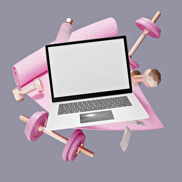 Laptop with pink fitness equipment including yoga mat, dumbbells, barbell, and water bottle on gray background, 3D rendered illustration