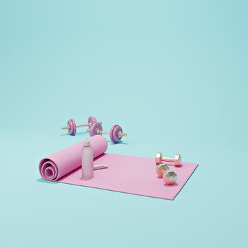 Pink fitness equipment - yoga mat, dumbbells, and water bottle on blue background with copy space, 3D rendered illustration