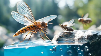 Naklejka premium Insect Close-Up on Water Surface with Stone and Nature Background, Brightly Colored and Detailed