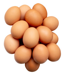 Top view of large group of chicken eggs or hen eggs in stack isolated on white background with clipping path