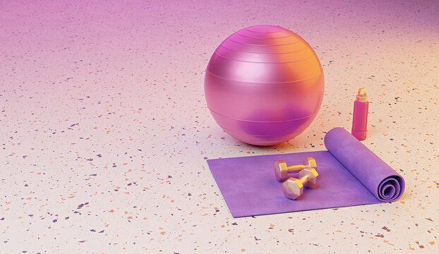 fitness equipment set with yoga mat, exercise ball, dumbbells, and water bottle, 3D rendered illustration