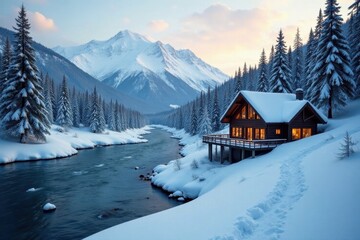 Rustic ski chalet overlooking Quinault River, winter scene , chalet, landscape