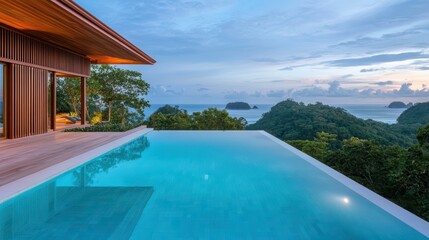 Fototapeta premium Serene Luxury Hotel Pool Overlooking Ocean at Twilight