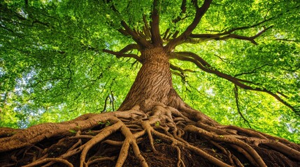 Majestic Ancient Tree with Twisting Roots Surrounded by Chaos